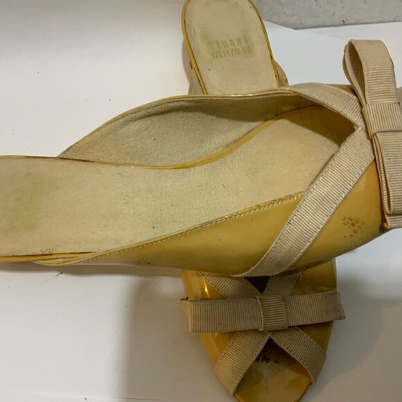 Stuart weitzman Vintage 80s Yellow  Short Pumps Fabric Bow Detail Peep Toe - Picture 3 of 10